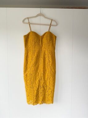Bardot Mustard Yellow Lace Midi Dress with Spaghetti Straps
